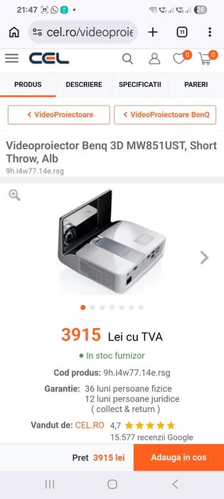 Videoproiector BenQ MW851UST/3D/HDMI/Contr.13000:1/2500 Lumeni -Lampa noua