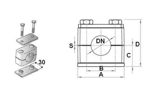 Скоба за хидравлична тръба, единична с две метални подложки