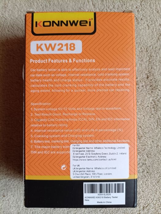 KONNWEI KW218 - Tester / Analizor Baterie Auto 6V / 12V, rating 100 - 2000 CCA, capacitate 2 - 220 Ah - NOU / SIGILAT