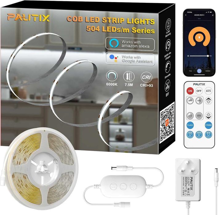 PAUTIX COB LED лента 504 LED/m, 7.5 м комплект със смарт дистанционно и захранване