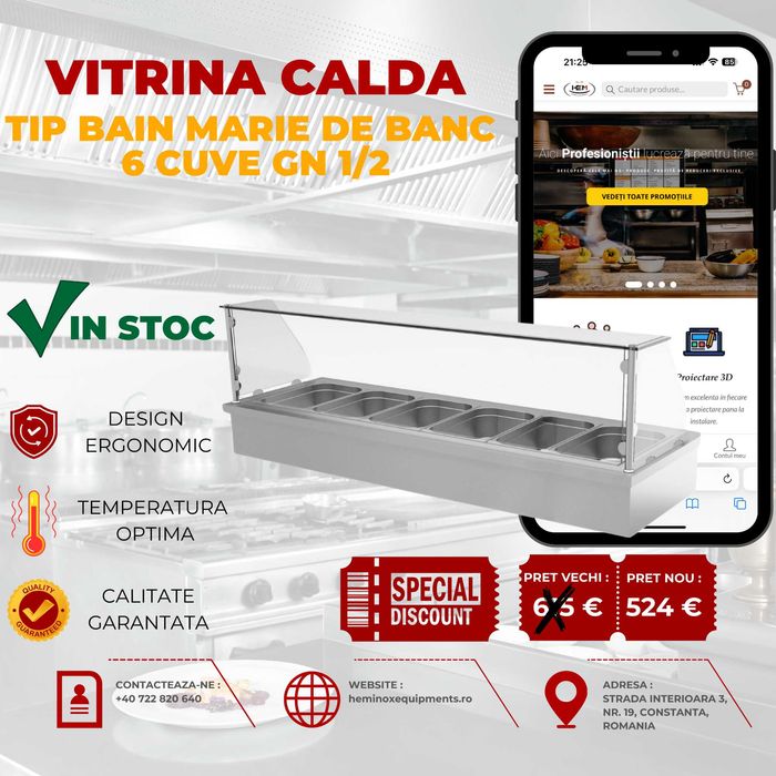 Vitrina Calda De Banc Inox (BAIN MARIE) 2,3,4,5,6 Cuve PE STOC