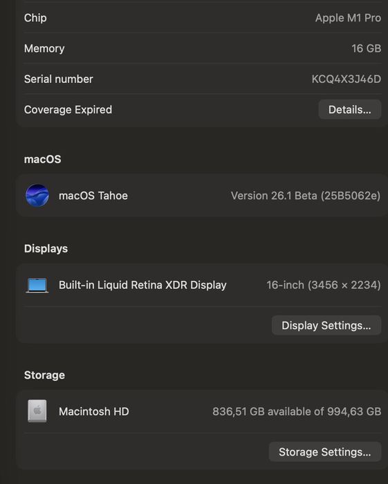 Macbook pro 16 M1 pro 16gb/1TB