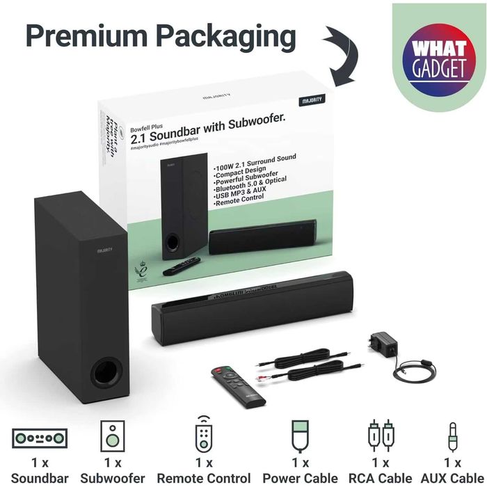 Soundbar Majority, Bowfell Plus 2.1, Bluetooth, PC, Wireless, AUX,