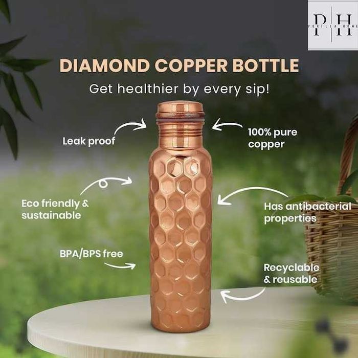 Нова медна бутилка, 100% чист мед, Голям капацитет от 950ml, Diamond pattern релефен дизайн, Медна капачка с херметично затваряне, Внос от Индия
