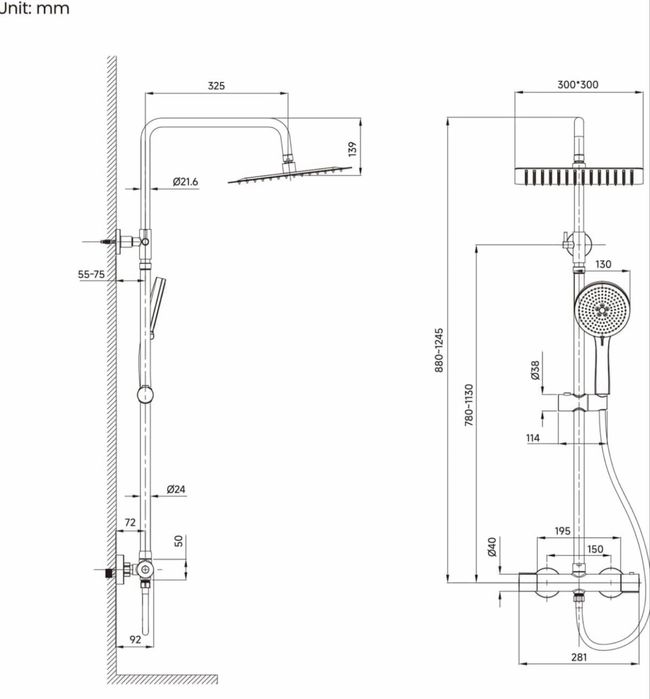 Set dus complet Auralum cu baterie termostatica, dus ploaie 30x30 cm, inox cromat