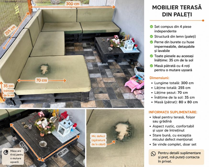 Mobilier terasa din paleti cu perne impermeabile si masa