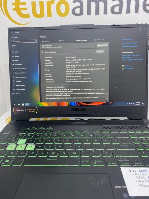 Laptop Gaming ASUS TUF F15 FX507ZC4 cu procesor Intel(R) Core(TM) -N2-