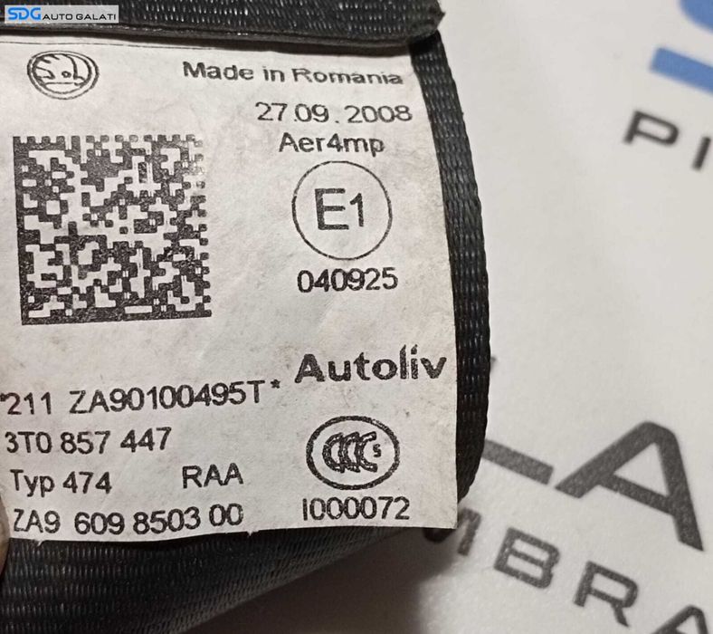 Centura Siguranta Stanga Spate Skoda Superb 2 2008 - 2013 Cod 3T0857447 [M4491]