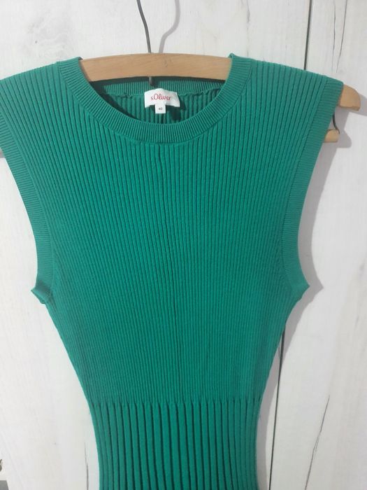 S.Oliver S M L rochie lungă verde plisată, tricot elastic, elegantă, bodycon, vară