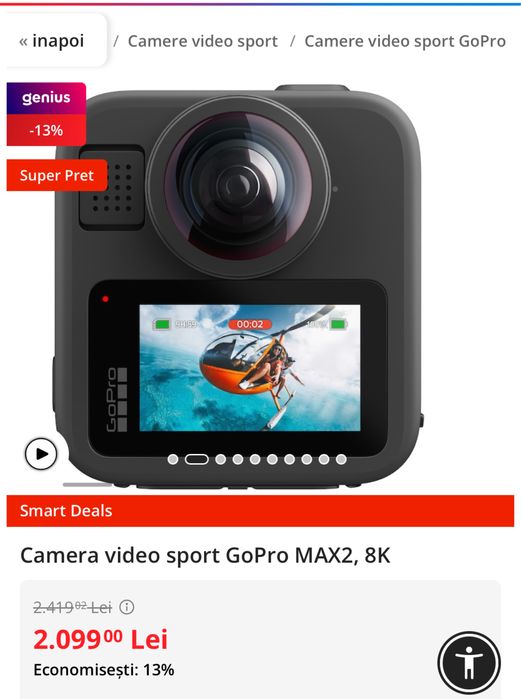 Camera video de actiune GoPro MAX 2, 8K 30 FPS, 29MP, sigilata