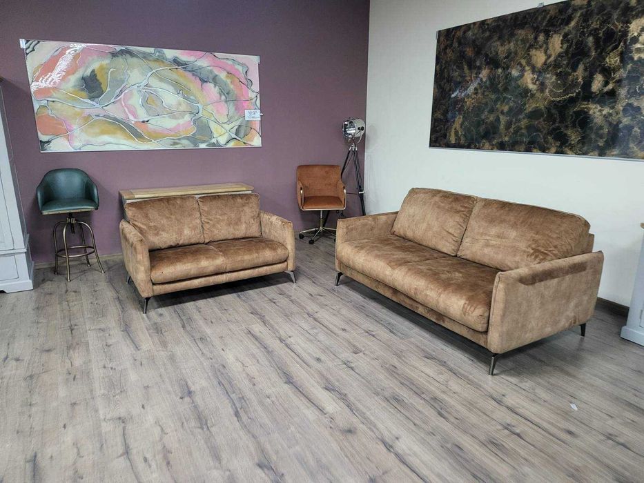 Дизайнерски кафяв комплект дивани от плат кадифе тройка и двойка