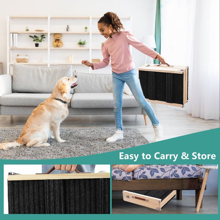 Rampa din lemn pentru animale de companie, pliabila, 4 trepte de inaltime 23 ? 44 cm, cu covoras antiderapant, negru