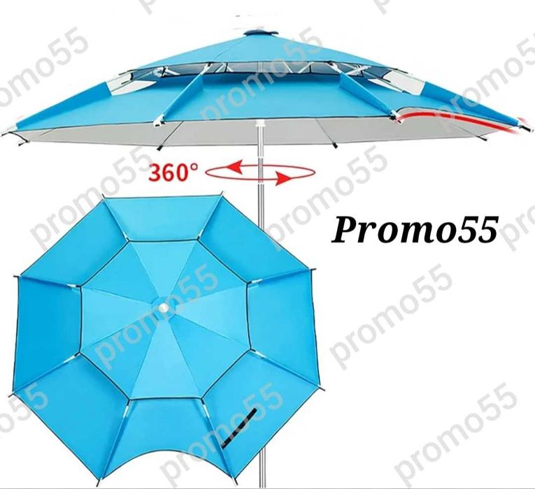 Плажен Чадър 220см. УВ, Чупещо Рамо, Двоен Покрив Стабилност при Вятър