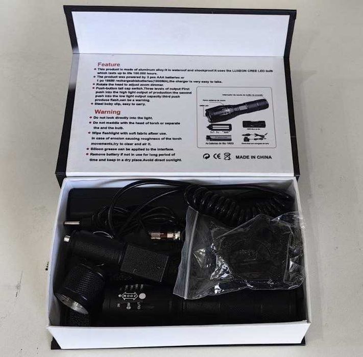 ПРОМОЦИЯ!!! Мощен LED ФЕНЕР със Стойка, Изнесен Спусък и Две Зарядни.