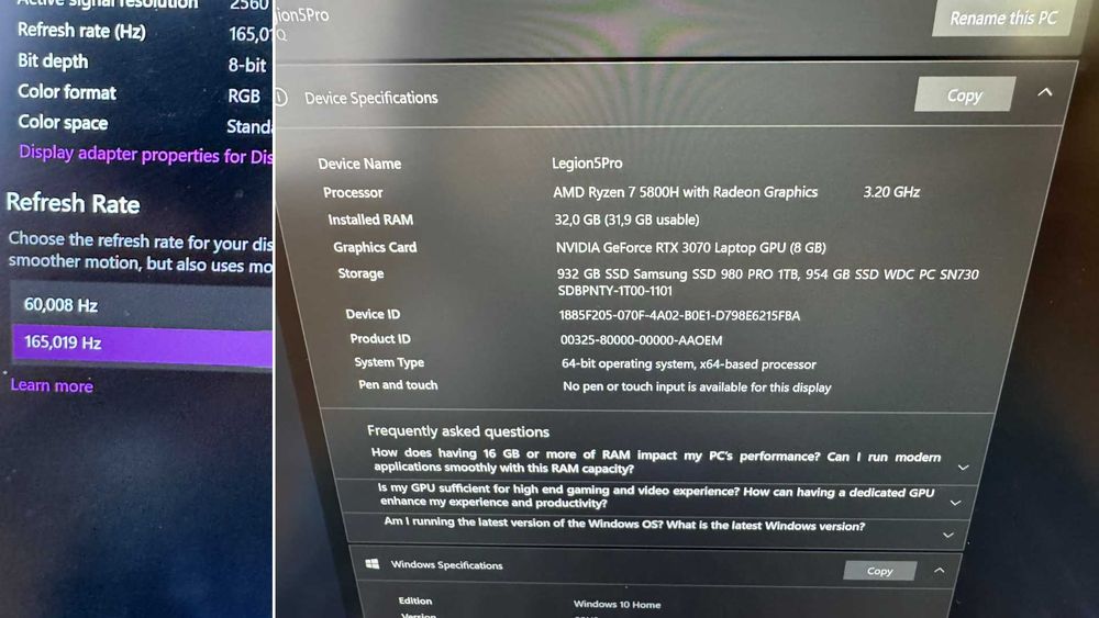 RTX 3070 8GB/Ryzen 7 5800H/32GB RAM/1TB NVME/16 165hz/Lenovo Legio 5 Pro