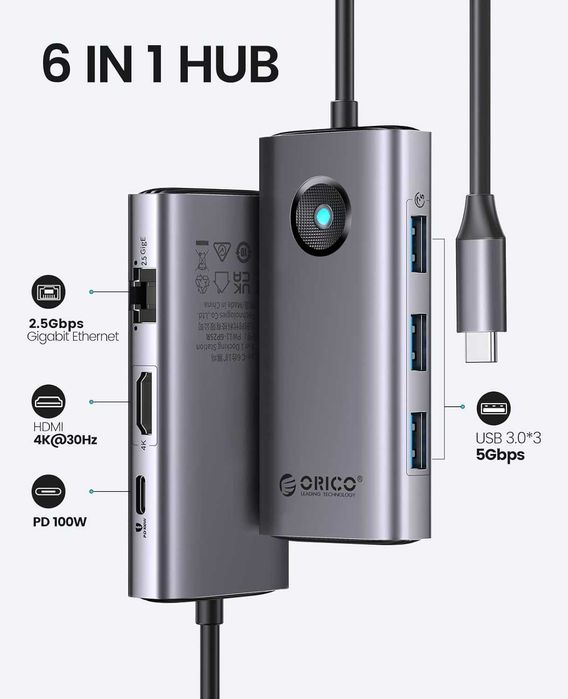 ORICO USB-C 6 in 1  - 4K HDMI, 100W PD, 2.5G Ethernet and 3 USB3.0