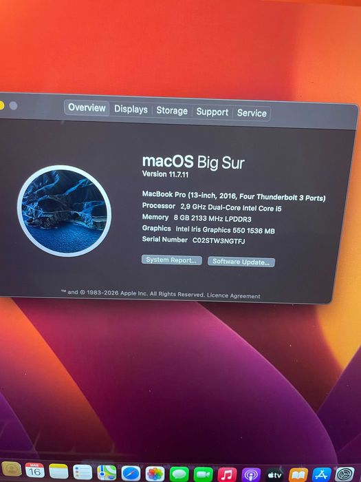 13" MacBook Pro A1706 Touch(Mid-2016)-8GB/256GB