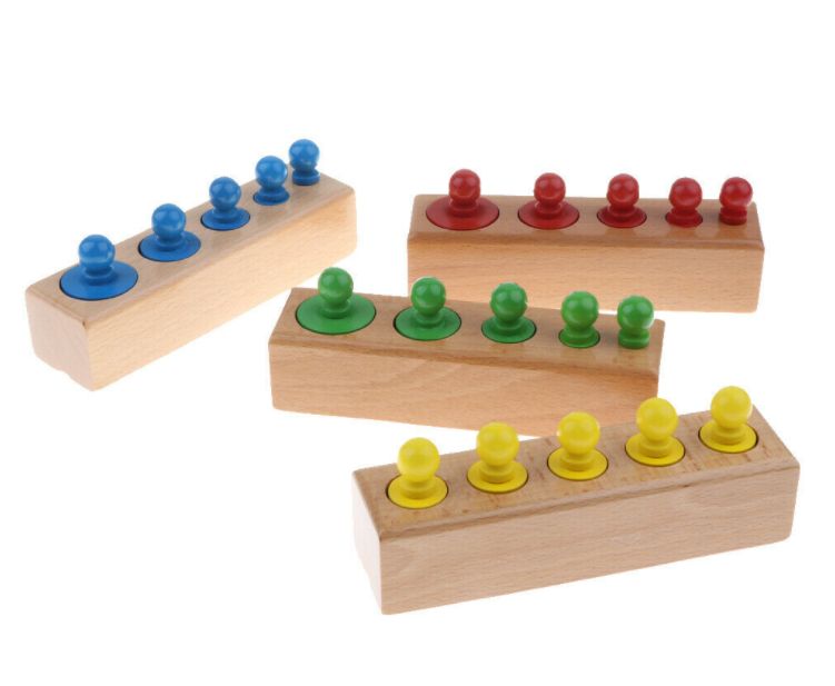 НАМАЛЕНИЯ ! Монтесори Дървени цветни цилиндри - теглилки с дръжки 4в1