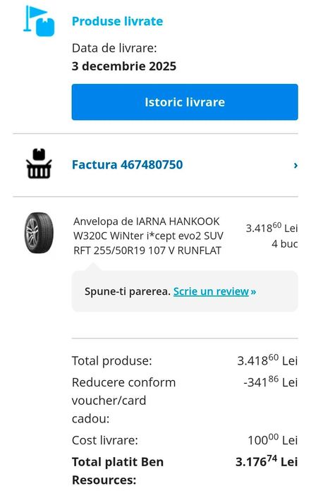 Vand 2 Anvelope Noi de iarna HANKOOK 255/50R19 107 V RUNFLAT