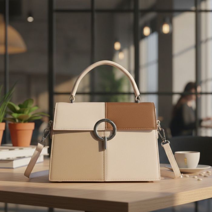 Многоцветна дамска чанта с метална тока и дълга дръжка