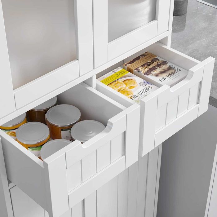 Висок шкаф за баня, стъклена врата и рафтове, 2 чекмеджета, бял