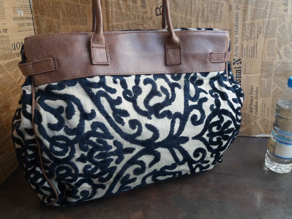 дамска чанта,голяма текстилна чанта с кожени дръжки-естествена кожа