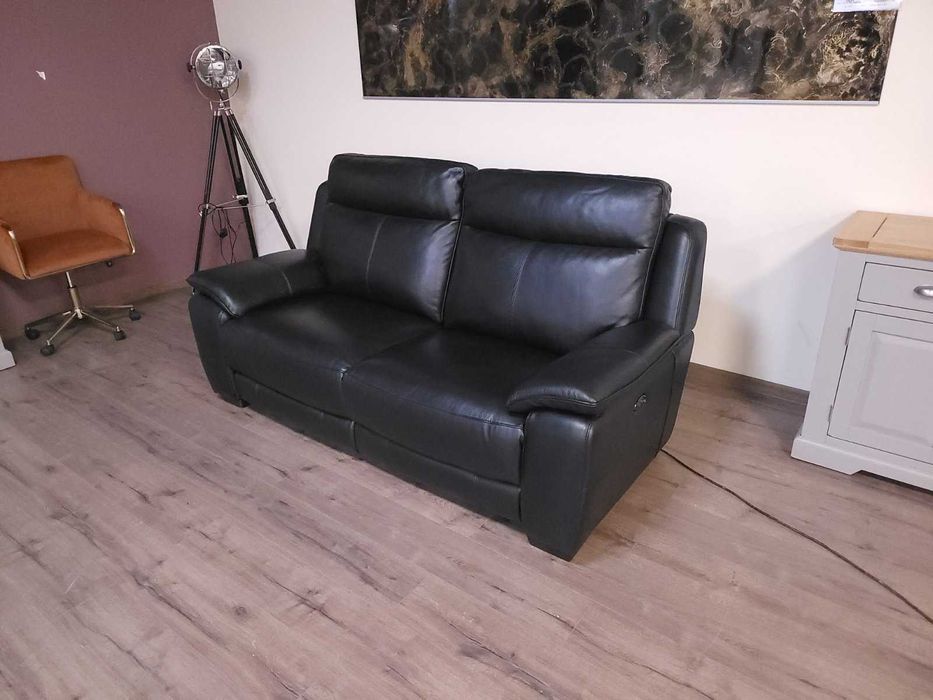 Черен кожен диван тройка с електрически релаксиращ механизъм