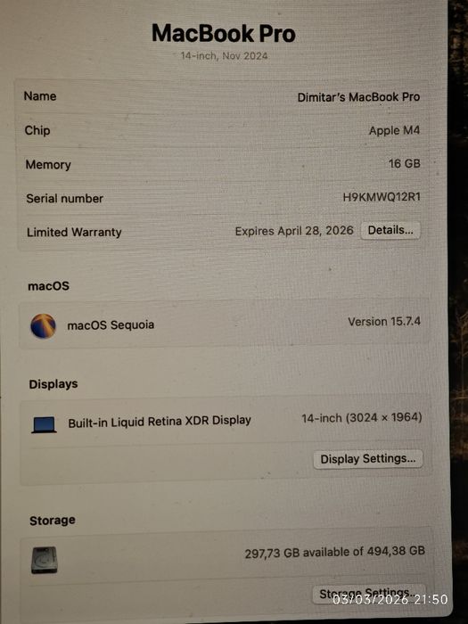 Apple MacBook Pro 14'' M4, 16GB RAM, 512GB SSD Black, 100% батерия