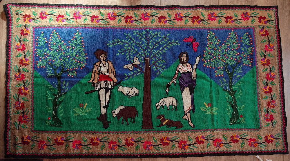 Carpetă / peretar popular vechi din lână, lucrat manual, 267 x 150 cm