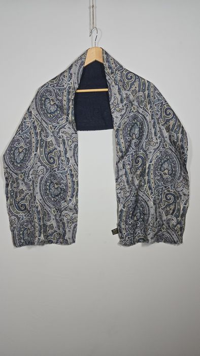 Eșarfă PINTO, mătase & lână,  model paisley albastru-aur