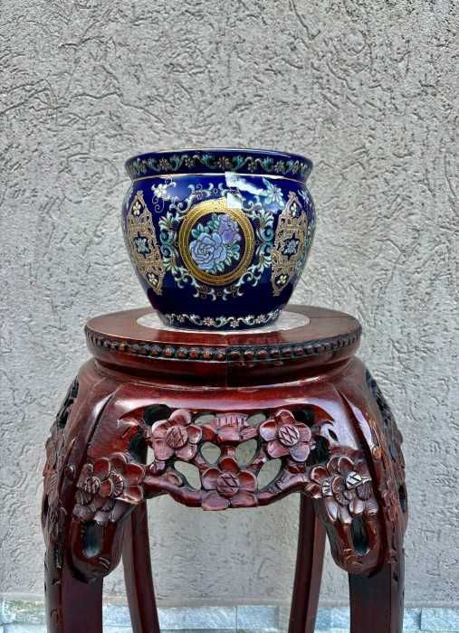 Eleganta jardiniera-portelan glazurat-email-decoruri aur-medalioane florale-Franta