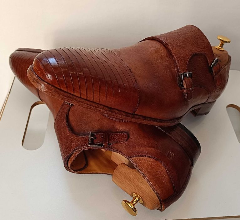 Pantofi monk 44 44.5 de lux GREVE NOI lucrati manual piele embosata