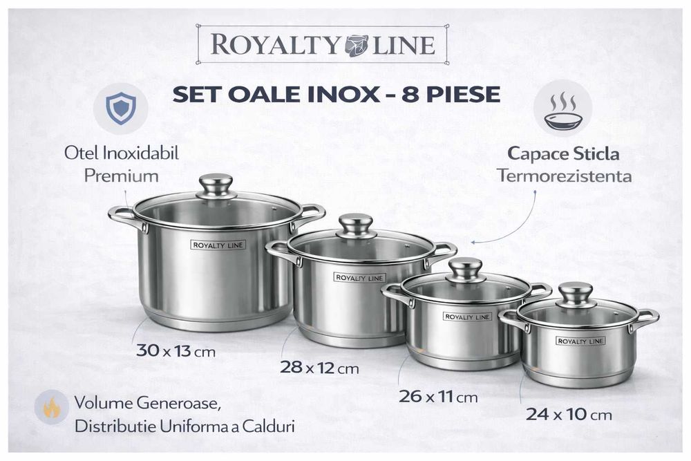 Set oale inox Royalty Line, 8 piese, capace din sticla