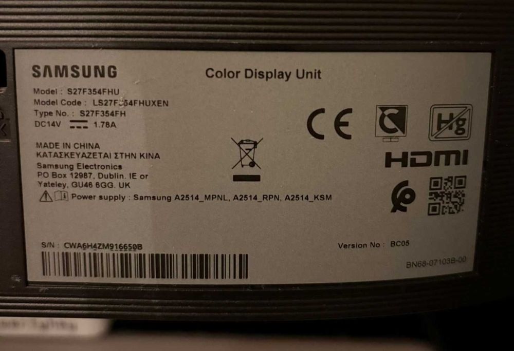 Monitor 27"  model S27F354FHU 1920x1080 4ms 60 Hz