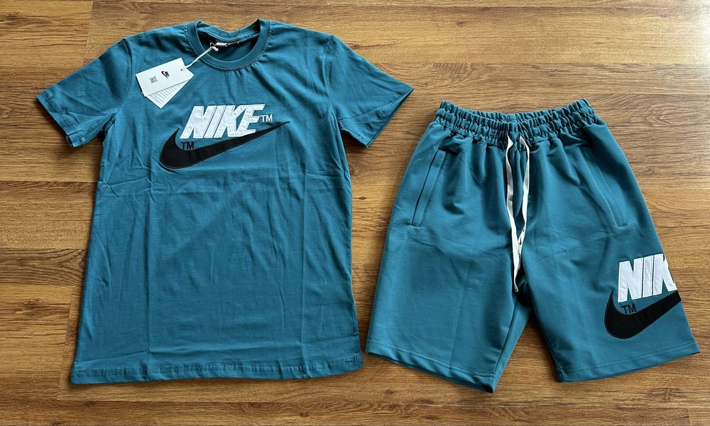 Мъжки,памучен,къс комплект Nike с бродирано лого,тюркоазен цвят