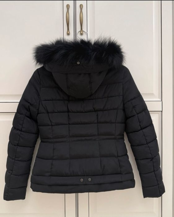 Geaca dama puffer - gluga si blana neagra, S