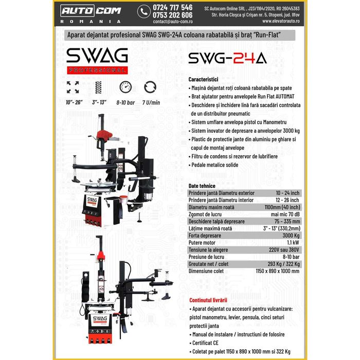 Aparat dejantat SWAG SWG-24A, braț ajutător Run-Flat până la 26 Inch