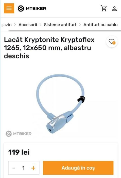 Antifurt Kryptonite Kryptoflex 1265 Key Cable Bicycle Lock