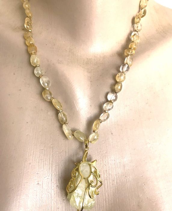 Colier handmade din margele de citrin si pandant citrin brut
