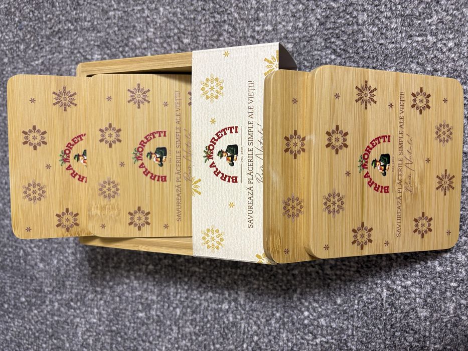 Set  6 suporturi de pahare din lemn gravate cu logo Birra Moretti