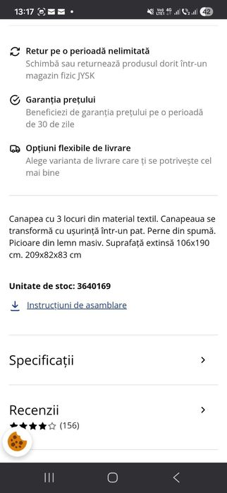 Canapea extensibilă 3 locuri 106x190cm