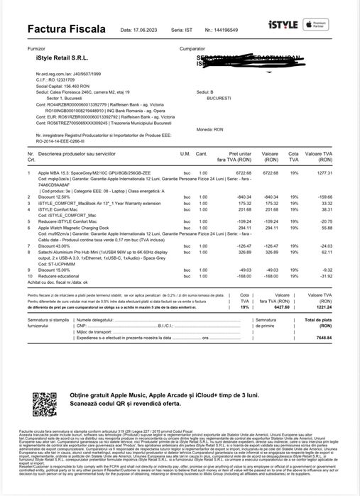 Laptop Macbook Air 15" cu procesor Apple M2 8 nuclee in garantie