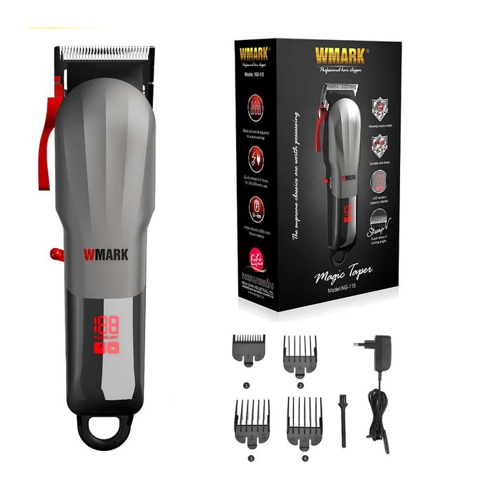 Mașină de tuns profesională WMARK NG-115, 7000 RPM, acumulator 2600 mAh, autonomie 240 minute, afișaj LED, lame 440C, 4 grătare, NOUA