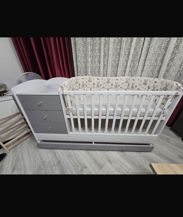 Patut copii transformabil din lemn cu 4 sertare Hubners Patrik Kombi 120x60 cm alb grafit
