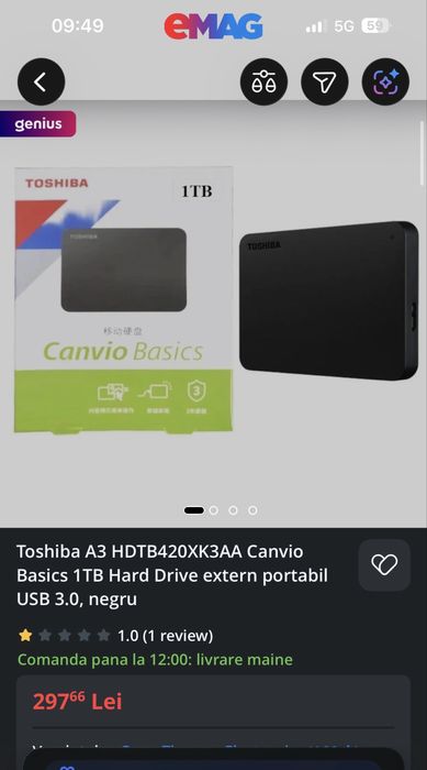 Hard disk extern Toshiba Canvio Basics, 1TB, USB 3.0
