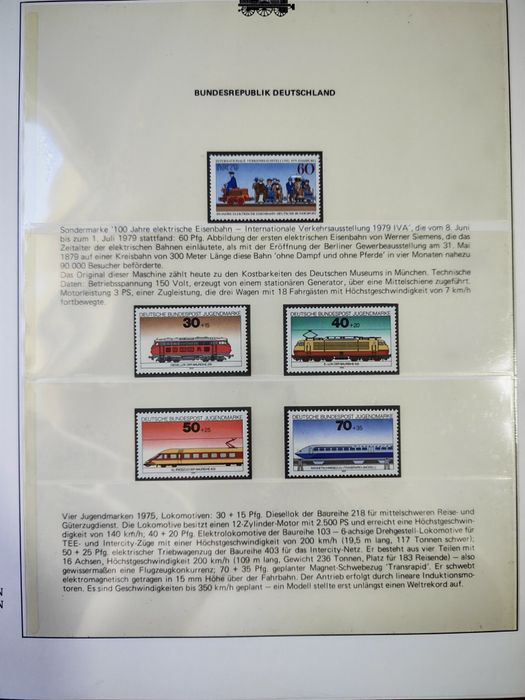 Album filatelic complet „Cele mai impresionante căi ferate ale lumii” – 10 pagini, locomotive și timbre