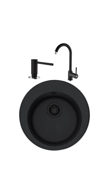 Pachet chiuveta bucatarie fragranite Franke ROG 610, 510 mm + Baterie Pola 1.0 + Dozator sapun, Negru