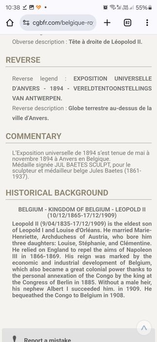 Monedă Istorică Leopold II - 1894 - Roi des belges VERELDTENTOONSTELLI