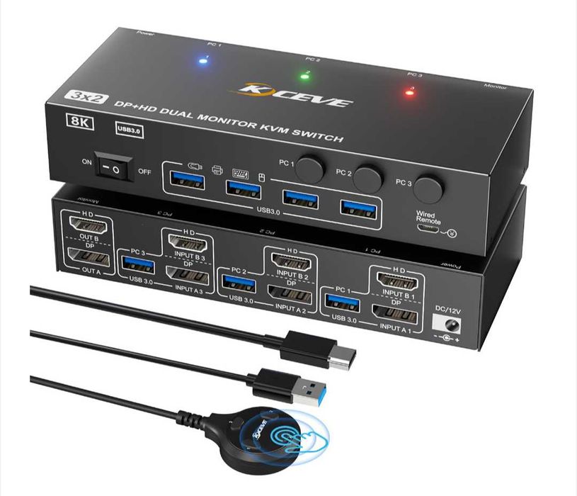 8K 60Hz KVM превключвател за 2 монитора и 3 компютъра Displayport и HDMI 4K 144Hz,KCEVE KVM302DH