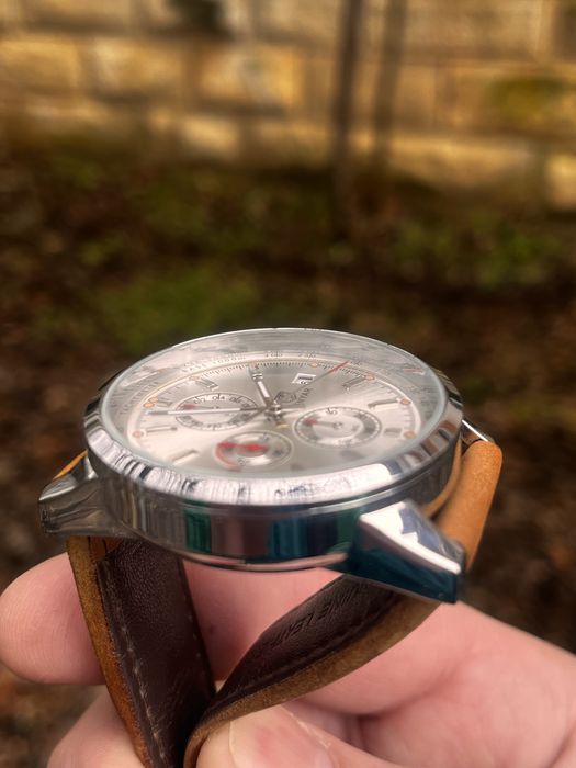 Мъжки часовник Benyar, хронограф, бял циферблат, кафява кожена каишка